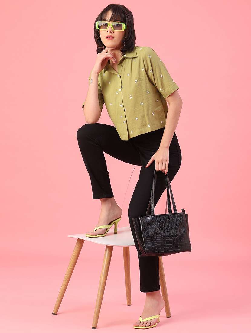 women solid with work collared crop shirt - 22176972 -  Standard Image - 5