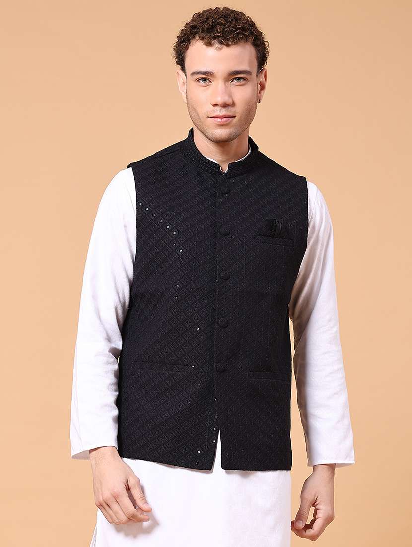 men solid with work mandarin neck nehru jacket