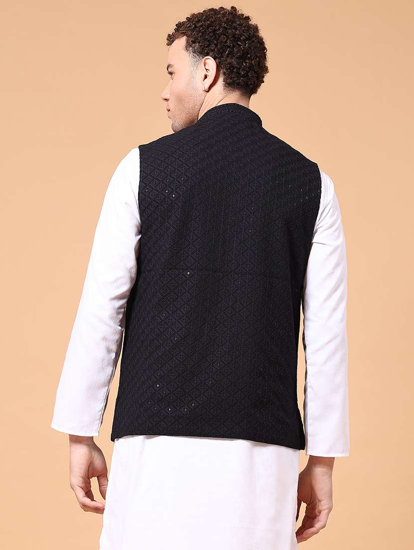 men solid with work mandarin neck nehru jacket - 22176983 -  Standard Image - 3