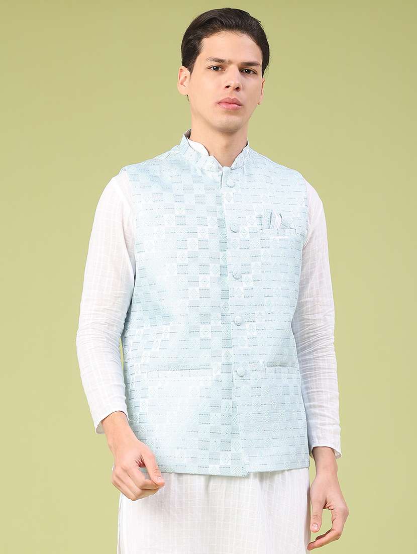 men solid with work mandarin neck nehru jacket