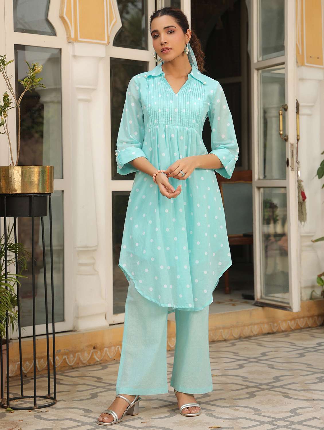 women polka dot three quarter sleeve regular fit ethnic co-ord set