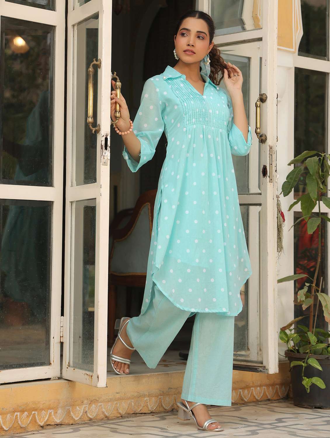 women polka dot three quarter sleeve regular fit ethnic co-ord set - 22177034 -  Standard Image - 3