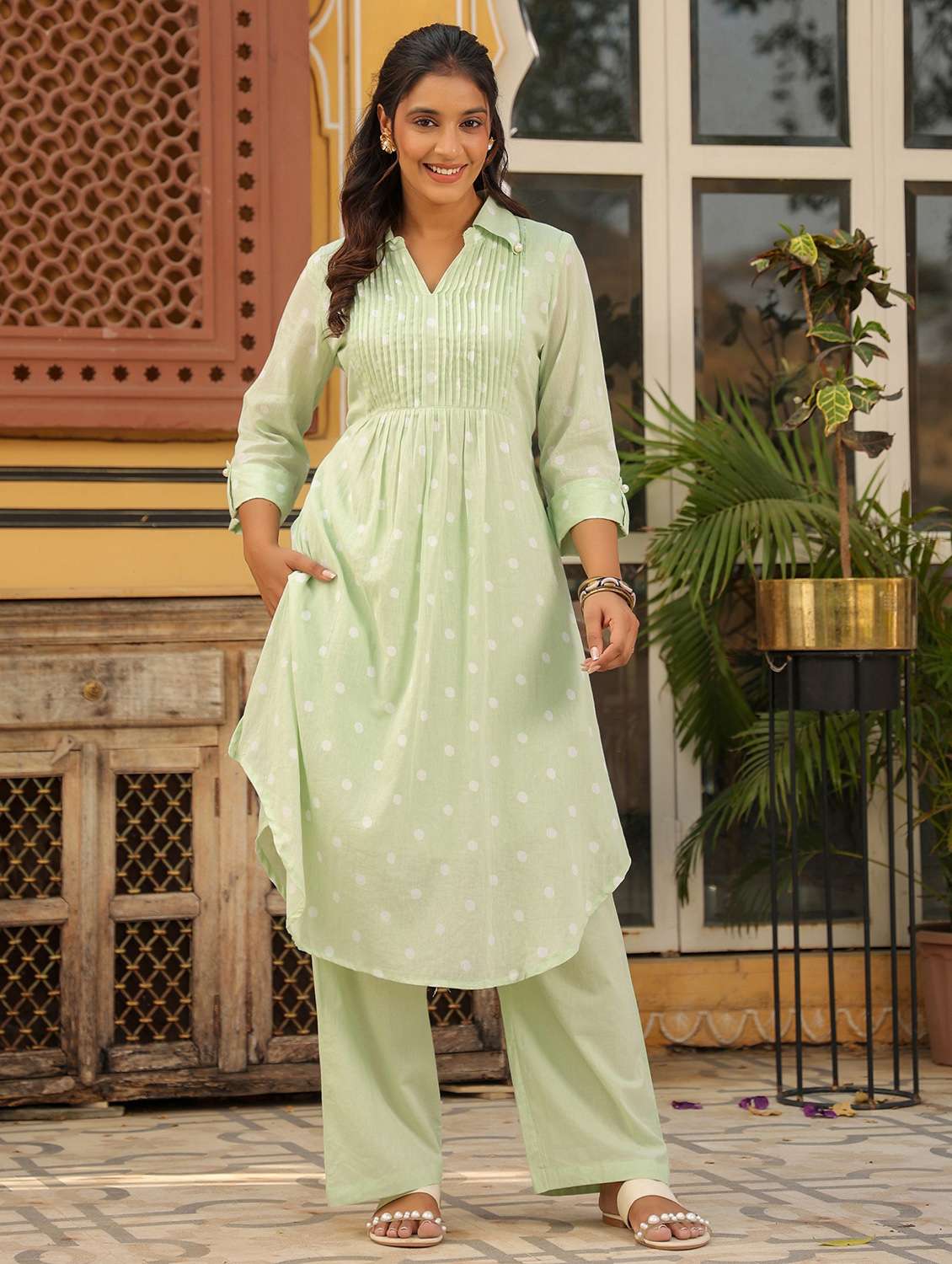 women polka dot three quarter sleeve regular fit ethnic co-ord set