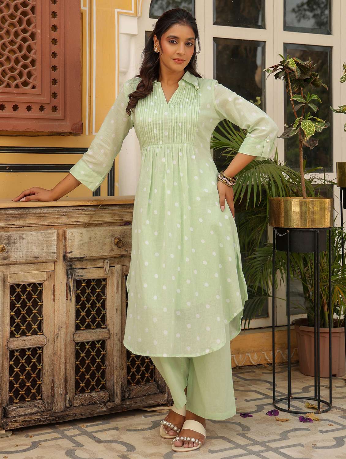 women polka dot three quarter sleeve regular fit ethnic co-ord set - 22177035 -  Standard Image - 3