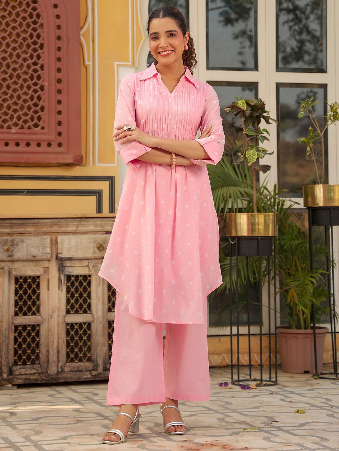 women polka dot three quarter sleeve regular fit ethnic co-ord set