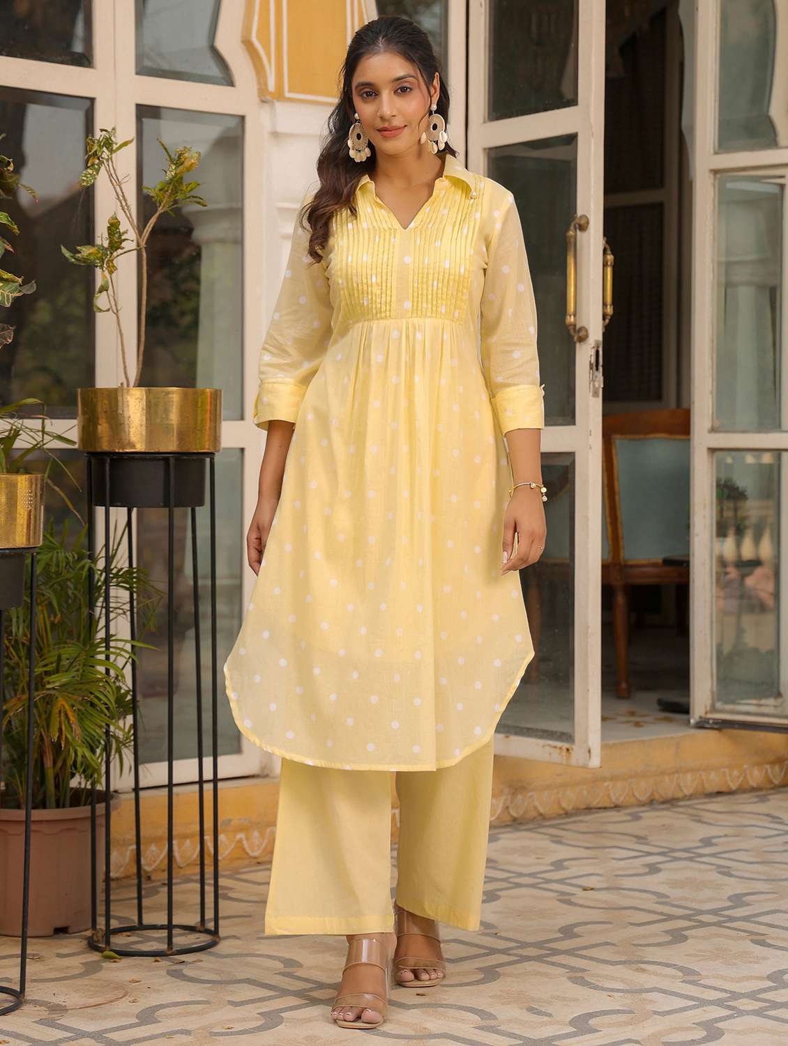 women polka dot printed three quarter sleeve kurta pant set