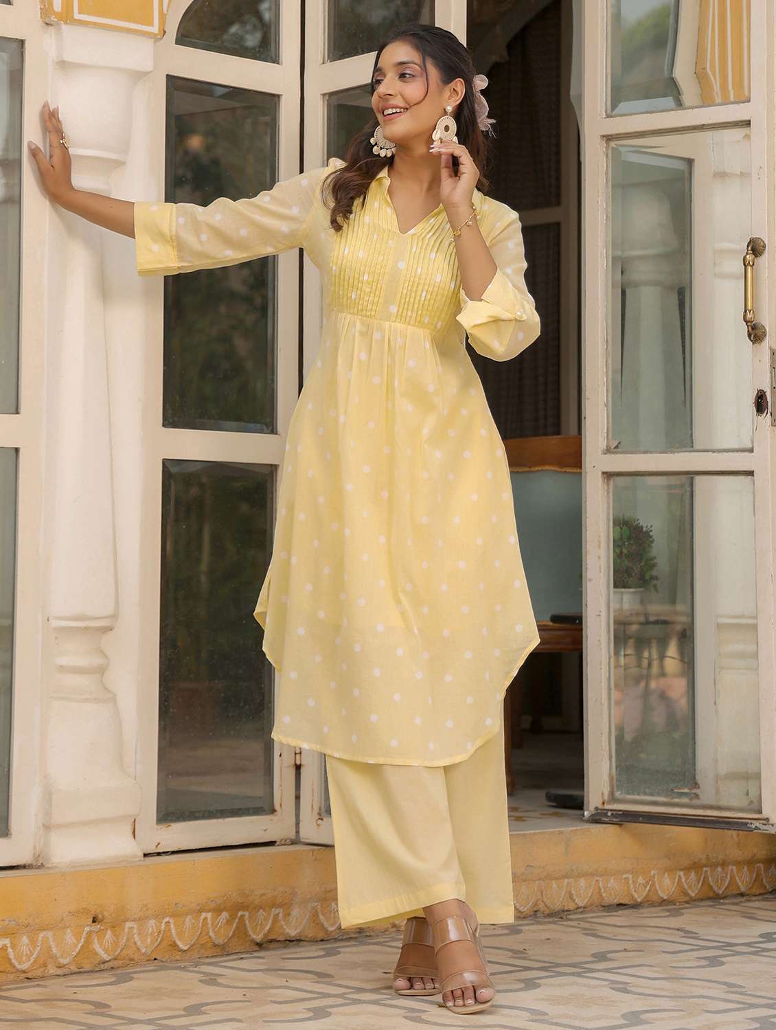 women polka dot printed three quarter sleeve kurta pant set - 22177037 -  Standard Image - 3