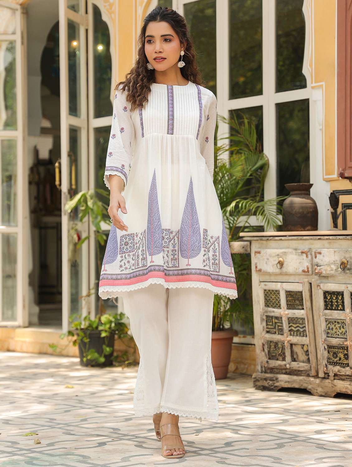 women printed three quarter sleeve regular fit ethnic co-ord set