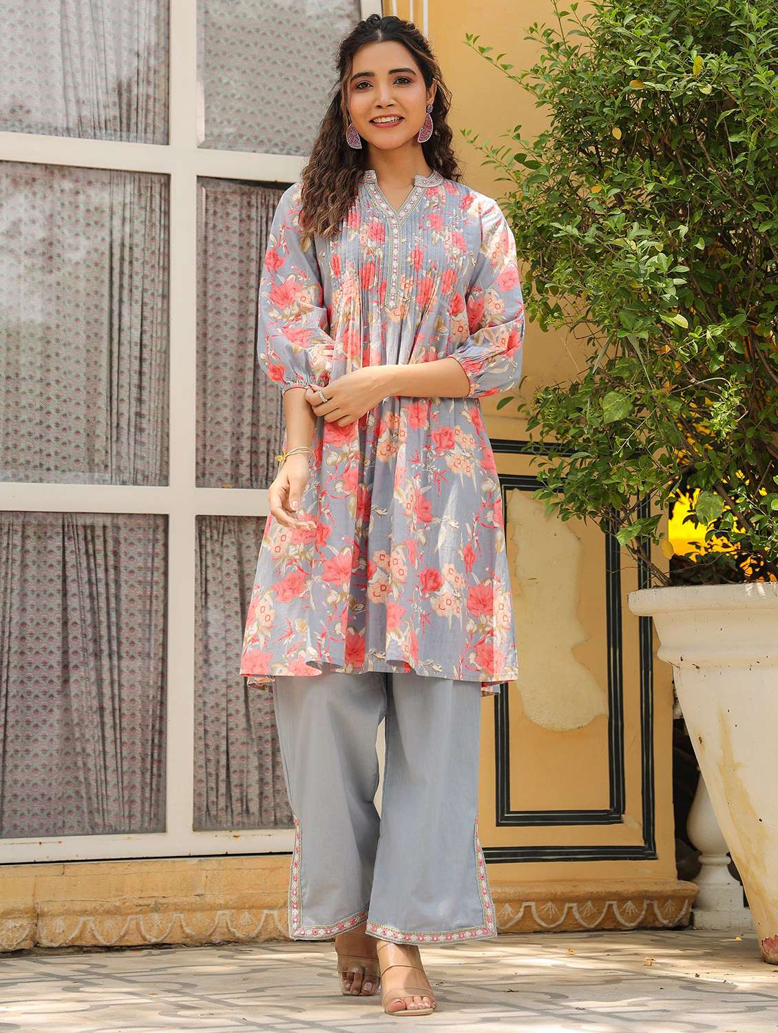 women floral printed three quarter sleeve ethnic co-ord set