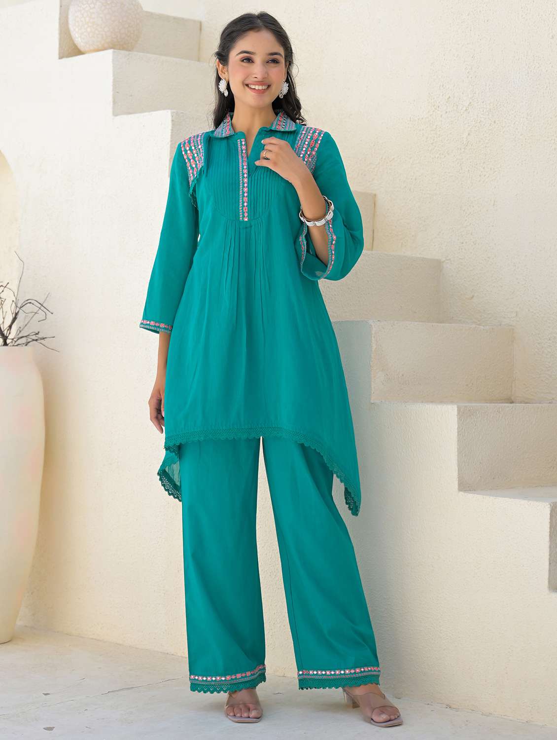 women solid three quarter sleeve regular fit ethnic co-ord set - 22177045 -  Zoom Image - 0