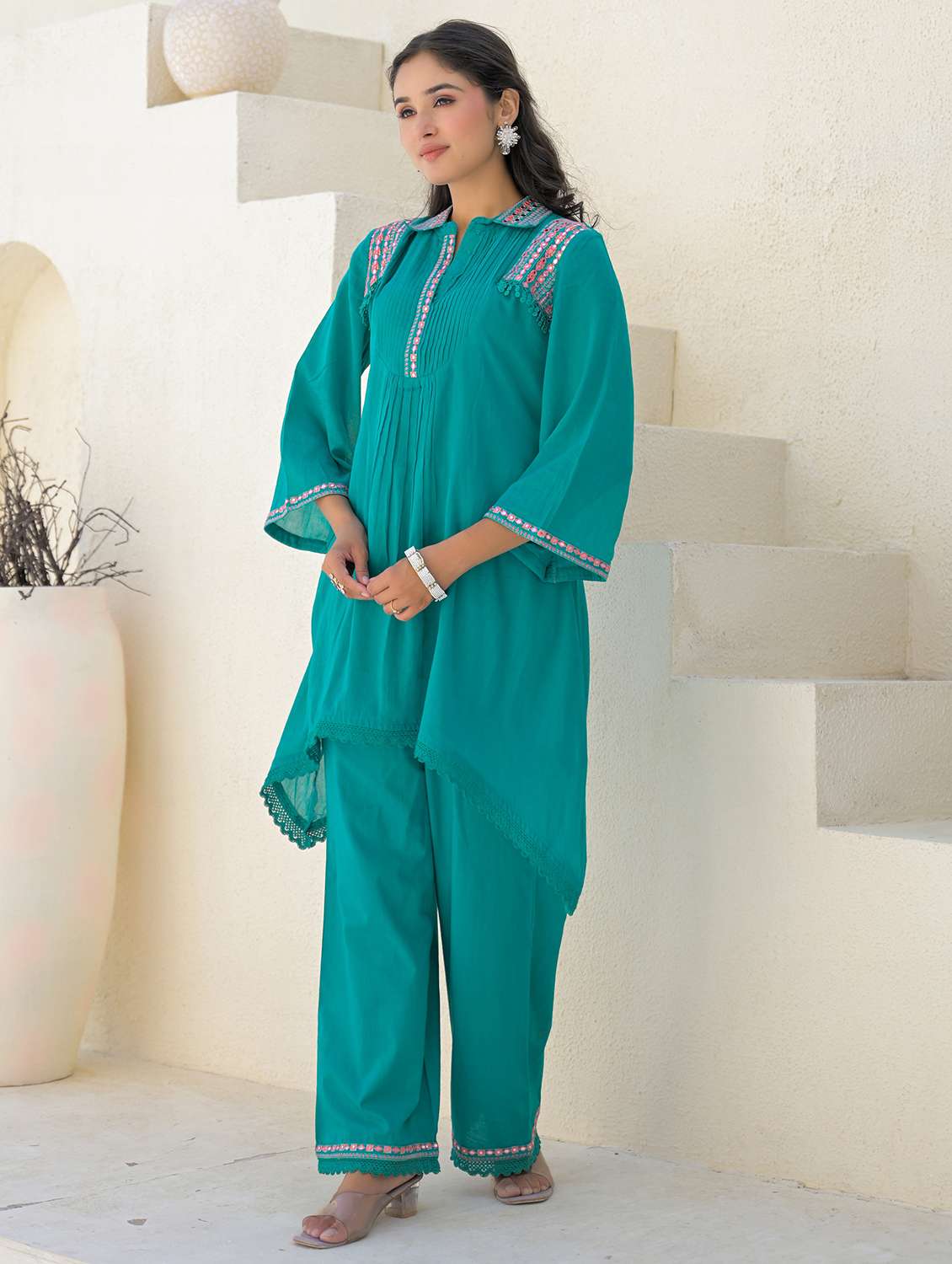 women solid three quarter sleeve regular fit ethnic co-ord set - 22177045 -  Standard Image - 3