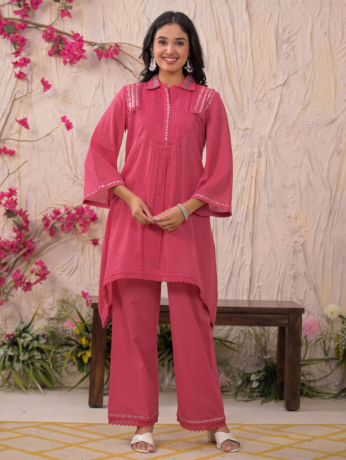 women solid three quarter sleeve regular fit ethnic co-ord set