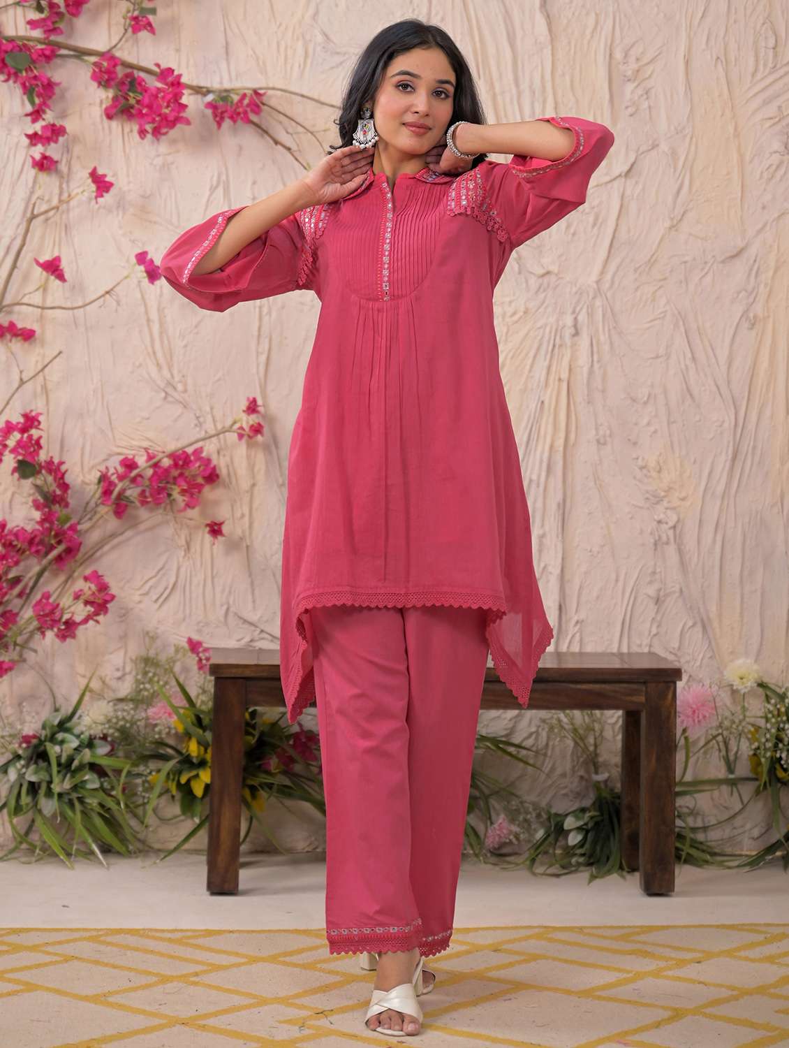 women solid three quarter sleeve regular fit ethnic co-ord set - 22177046 -  Standard Image - 3