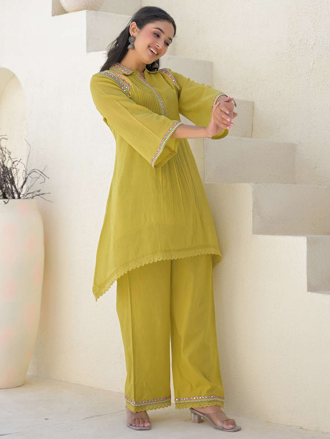 women solid three quarter sleeve regular fit ethnic co-ord set - 22177047 -  Standard Image - 3