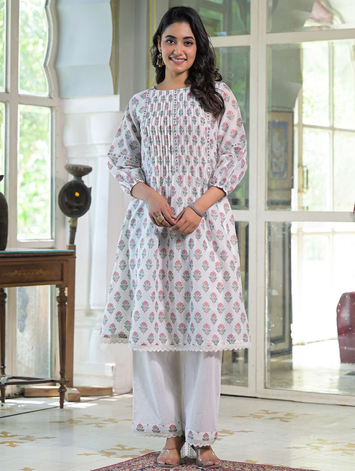 women floral printed three quarter sleeve kurta palazzo set