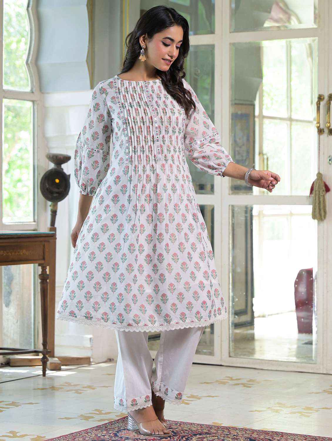 women floral printed three quarter sleeve kurta palazzo set - 22177051 -  Standard Image - 3