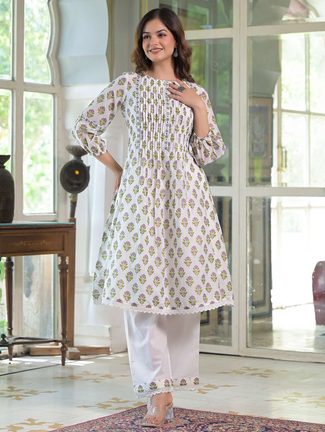 women floral printed three quarter sleeve kurta palazzo set
