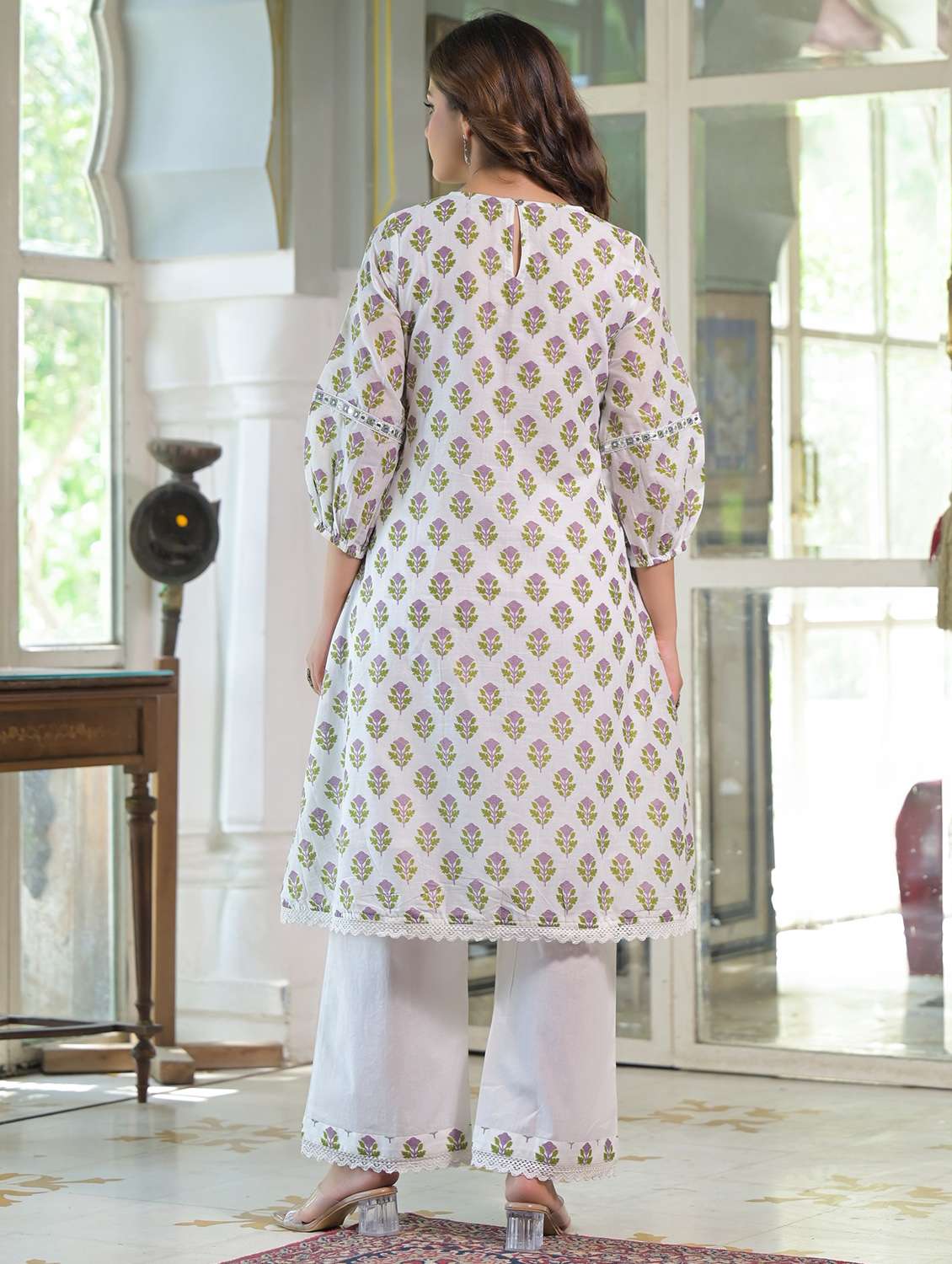 women floral printed three quarter sleeve kurta palazzo set - 22177052 -  Standard Image - 3