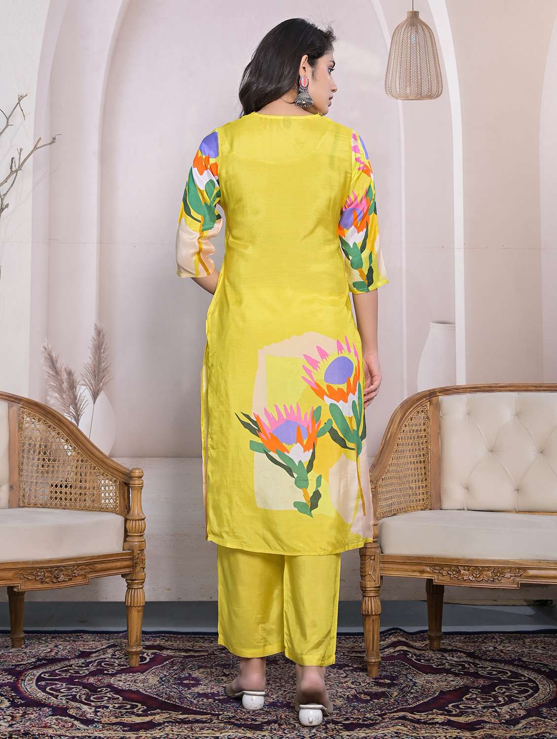 women floral printed three quarter sleeve kurta pant set - 22177057 -  Standard Image - 3