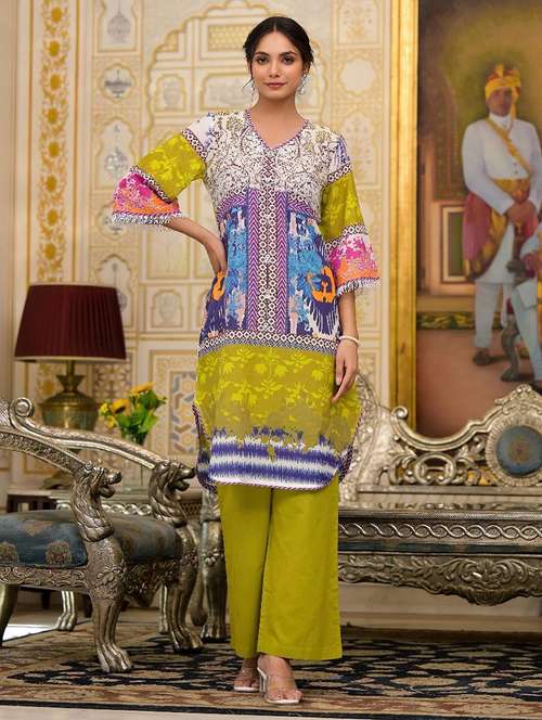 women printed three quarter sleeve kurta palazzo set - 22177058 -  Standard Image - 0