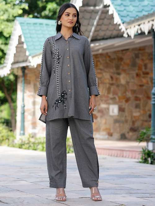women solid with work long sleeve regular fit ethnic co-ord set - 22177059 -  Standard Image - 0
