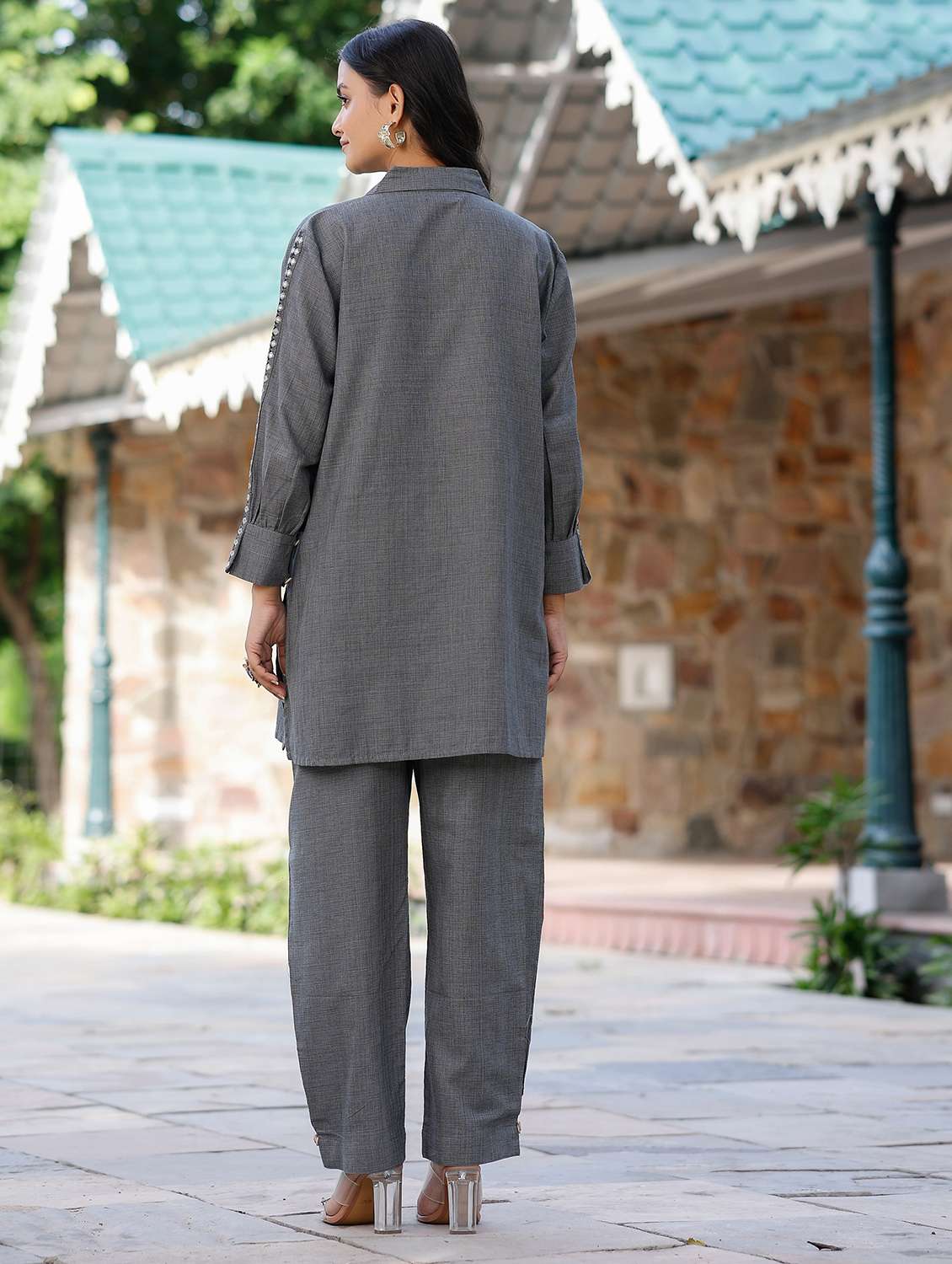 women solid with work long sleeve regular fit ethnic co-ord set - 22177059 -  Standard Image - 3