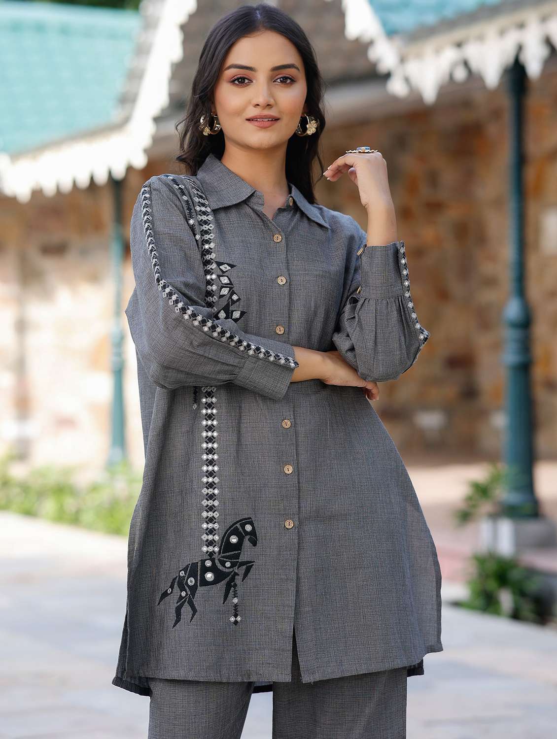 women solid with work long sleeve regular fit ethnic co-ord set - 22177059 -  Standard Image - 5