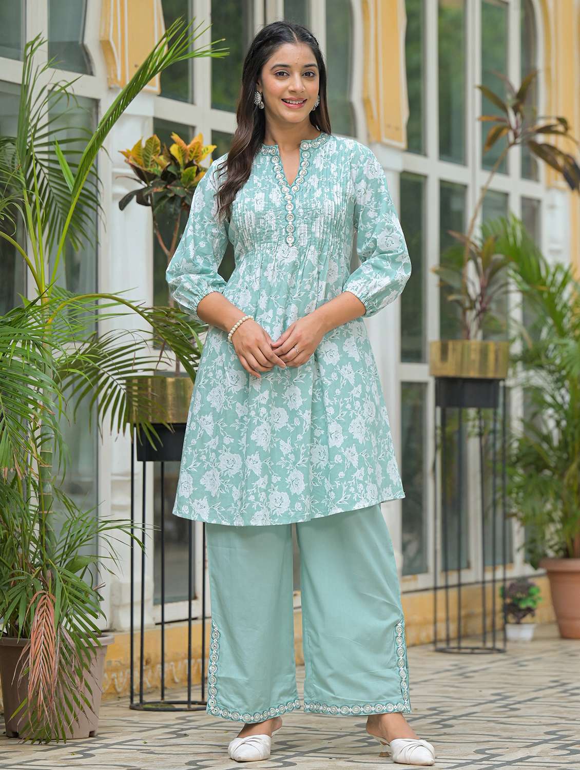 women floral printed three quarter sleeve regular fit ethnic co-ord set