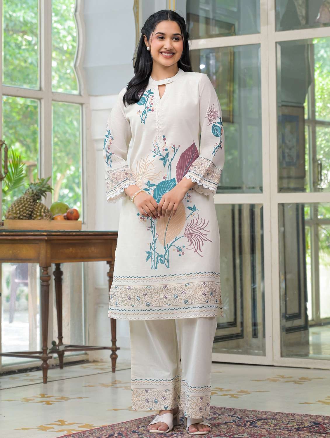 women printed three quarter sleeve regular fit ethnic co-ord set