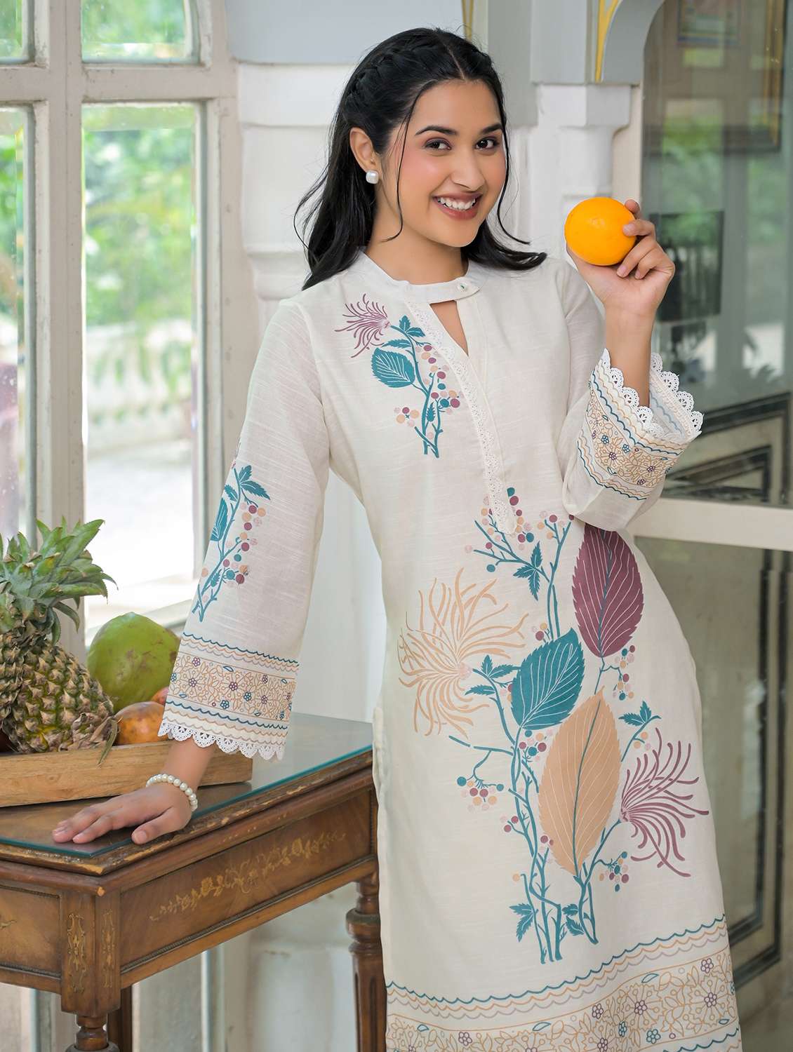 women printed three quarter sleeve regular fit ethnic co-ord set - 22177062 -  Standard Image - 5