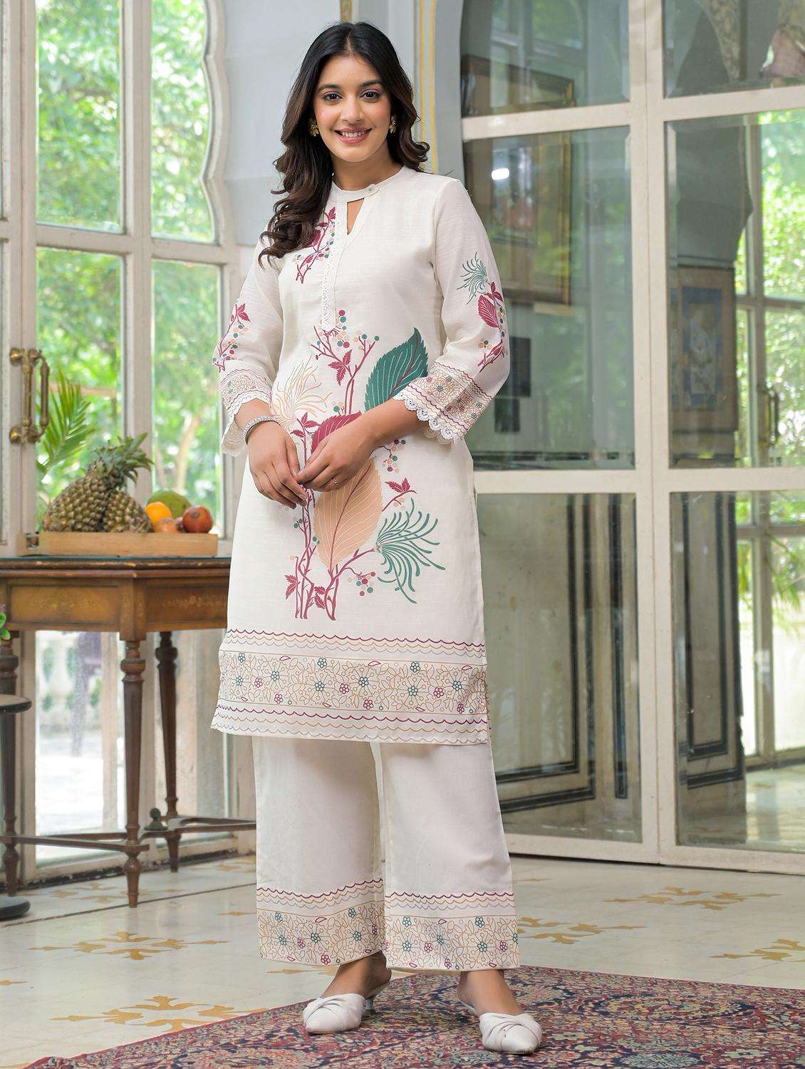 women printed three quarter sleeve regular fit ethnic co-ord set