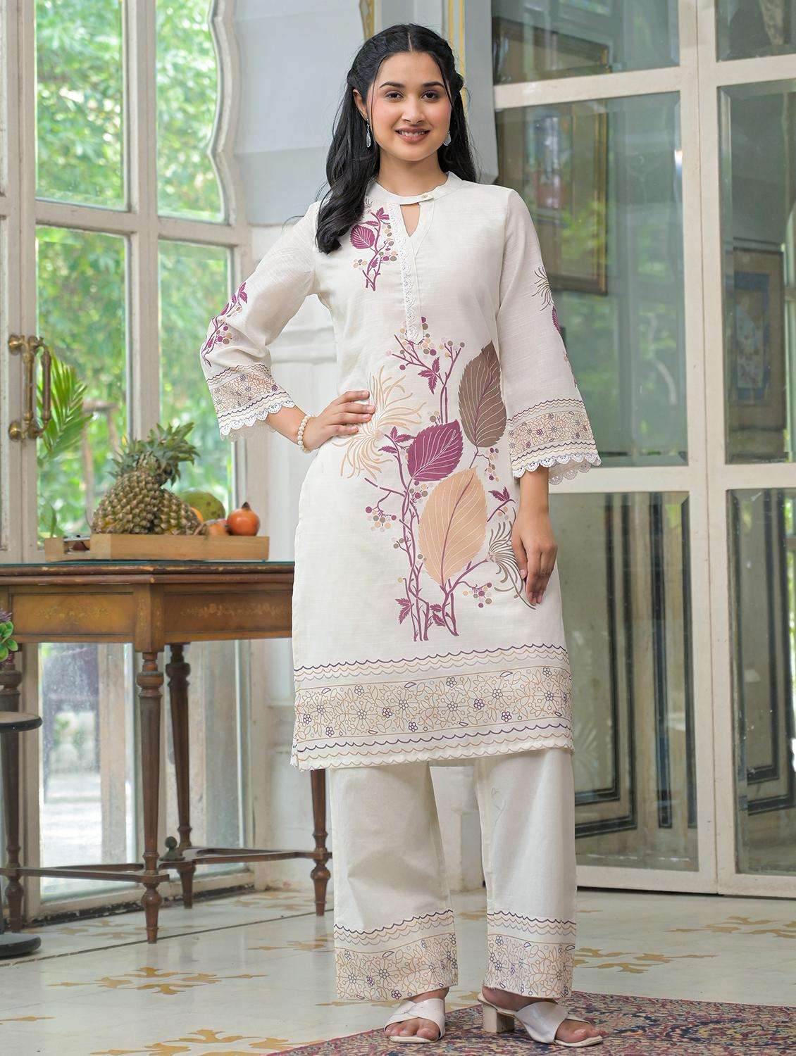 women printed three quarter sleeve regular fit ethnic co-ord set