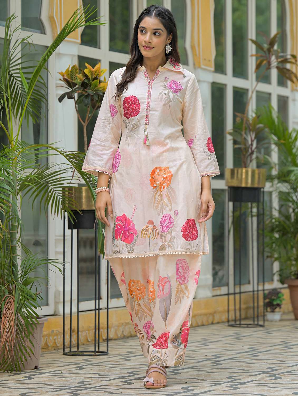 women floral printed three quarter sleeve regular fit ethnic co-ord set