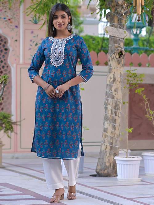 women floral printed three quarter sleeve straight kurta - 22177084 -  Standard Image - 0
