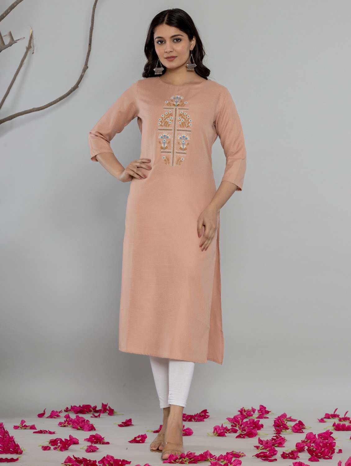 women solid with work three quarter sleeve straight kurta