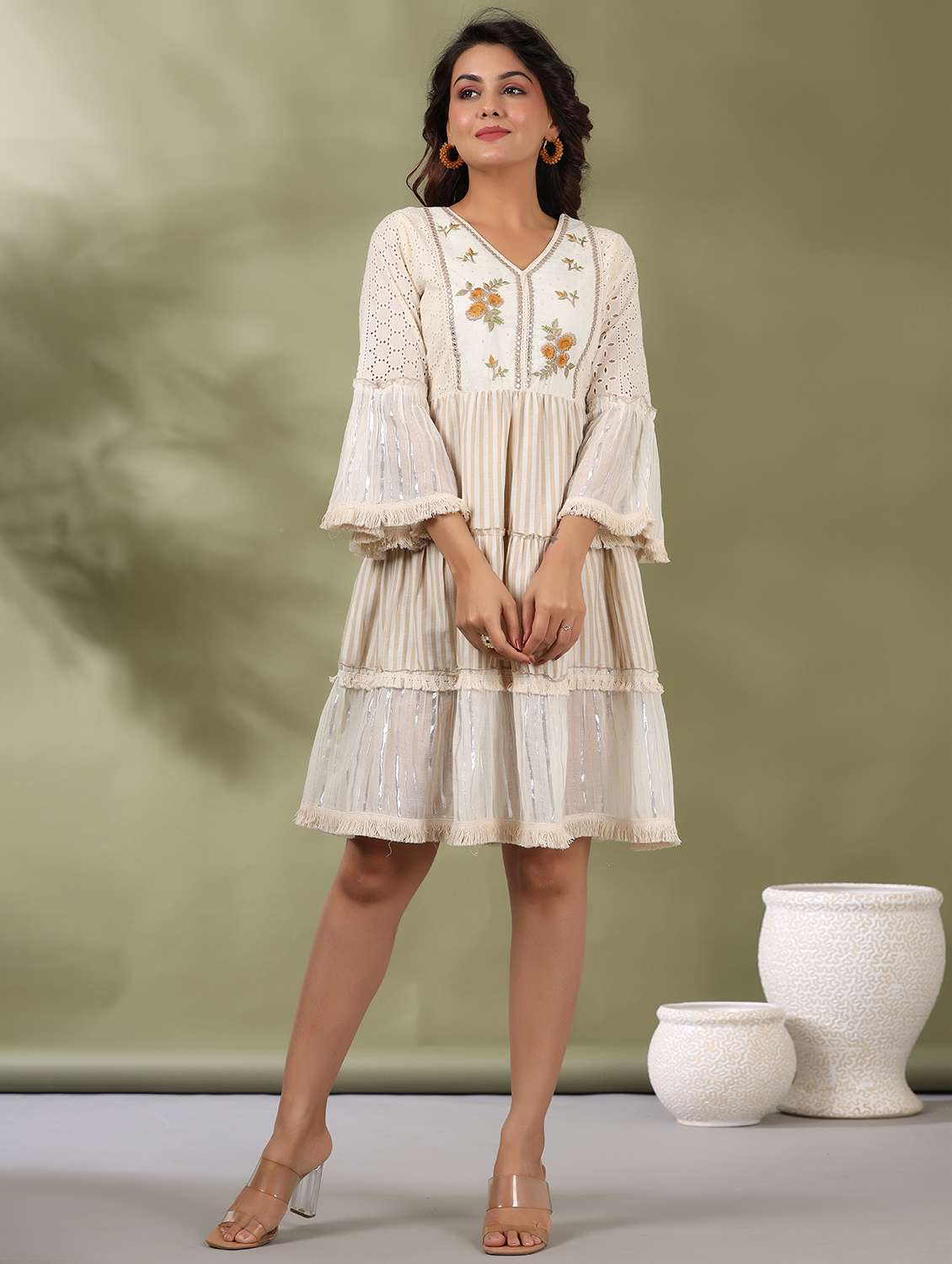 women striped bell sleeve tiered ethnic dress