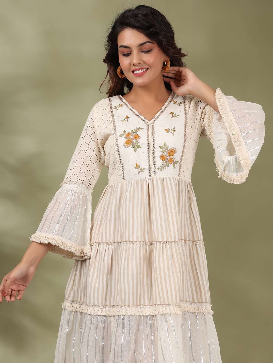 women striped bell sleeve tiered ethnic dress - 22177086 -  Standard Image - 5