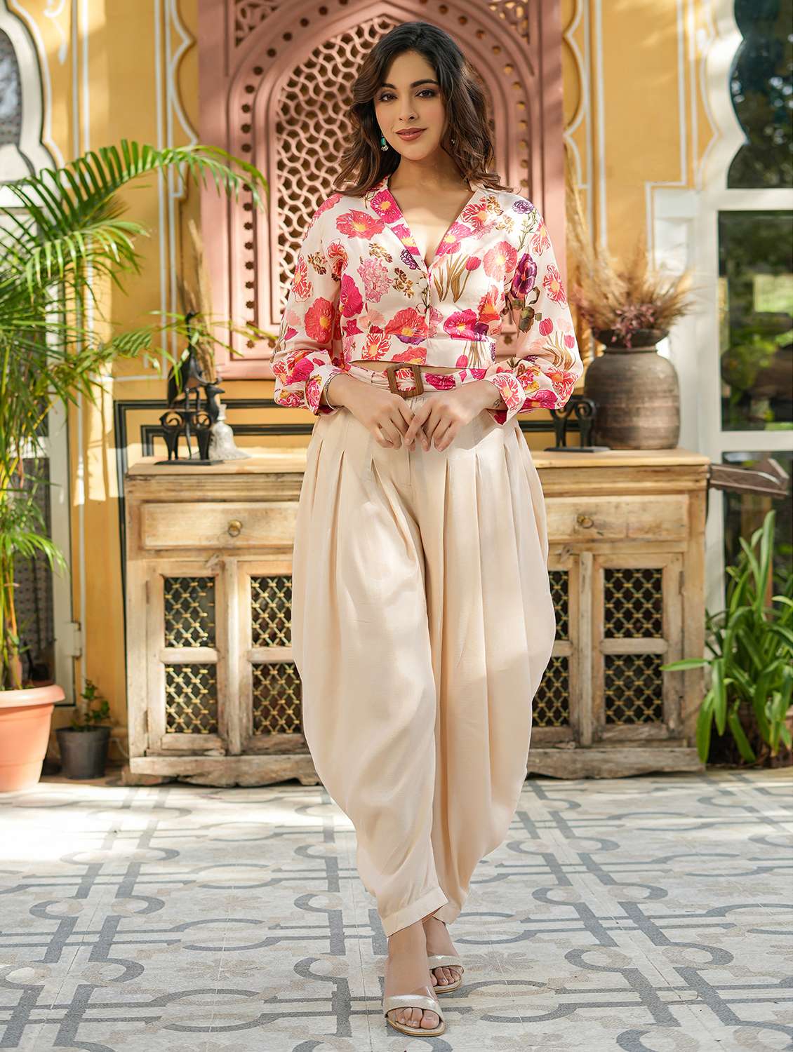 women floral printed long sleeve ethnic co-ord set