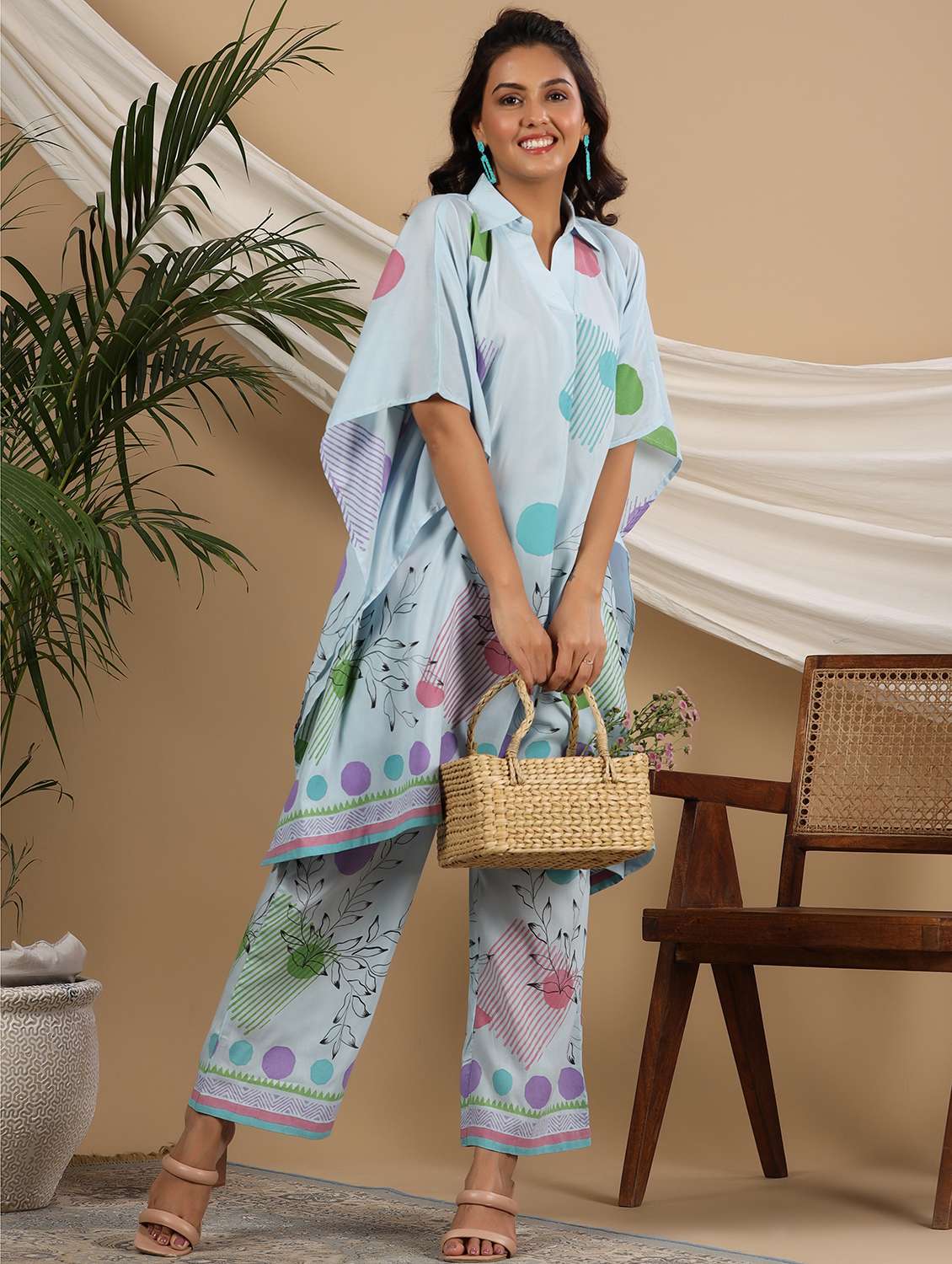 women printed kimono sleeve kaftan kurta pant set - 22177099 -  Standard Image - 3