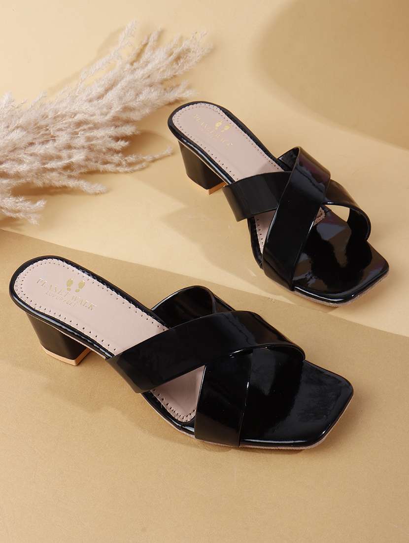 women black slip on block heel sandal