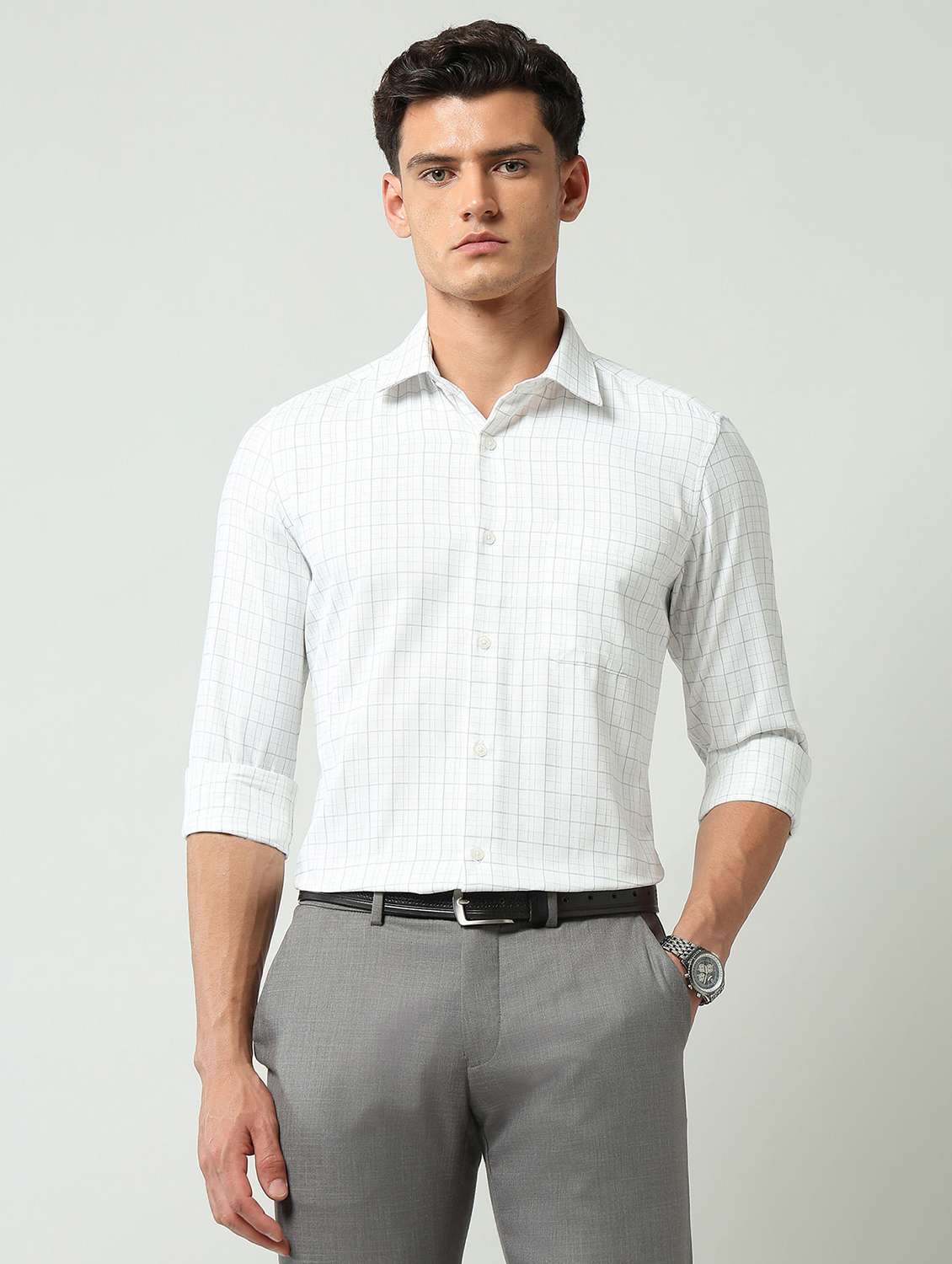 men checkered collared long sleeve formal shirt