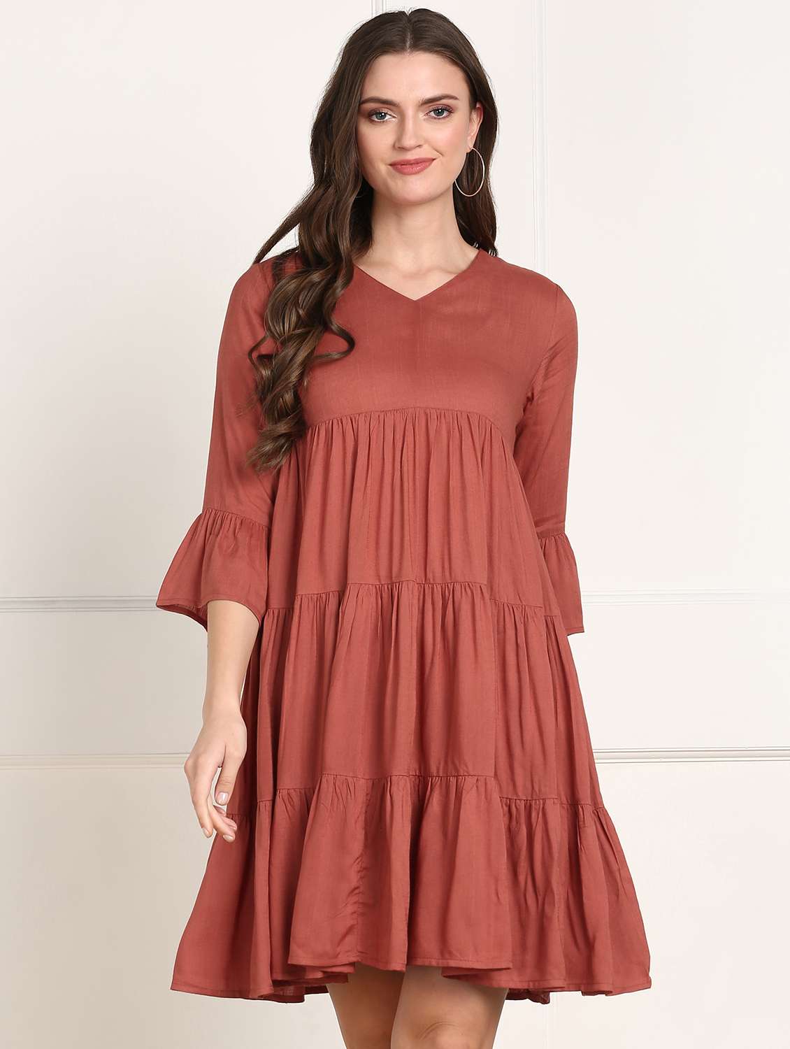 women solid bell sleeve tiered dress