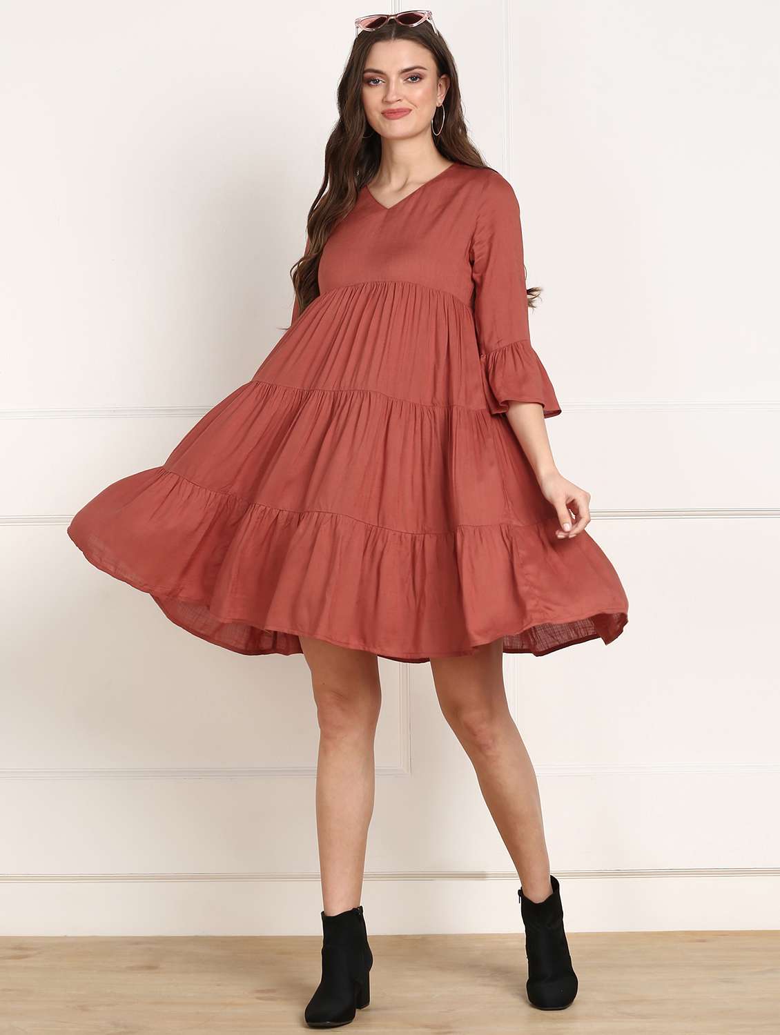 women solid bell sleeve tiered dress - 22177165 -  Standard Image - 3