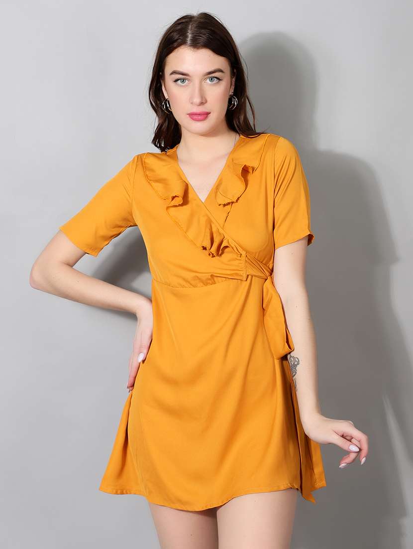 women solid short sleeve wrap dress