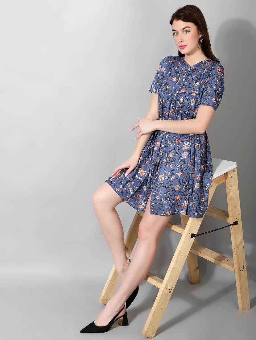 women floral print short sleeve shirt dress