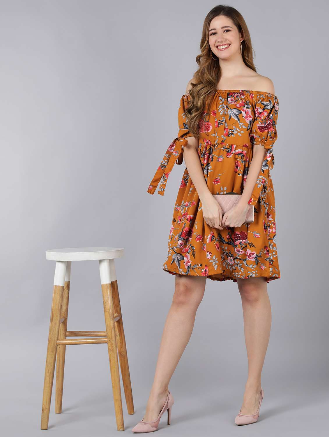 women floral print off shoulder fit & flare dress