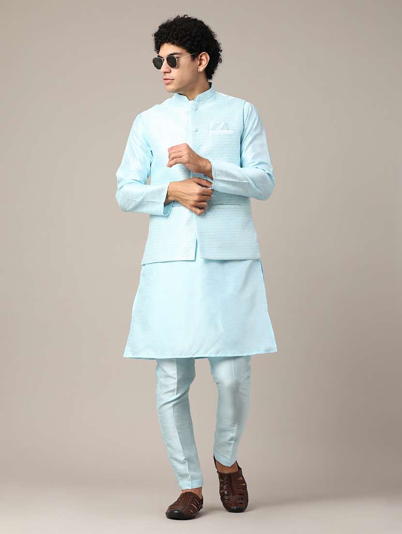 blue kurta pyjama with jacket ethnic wear set