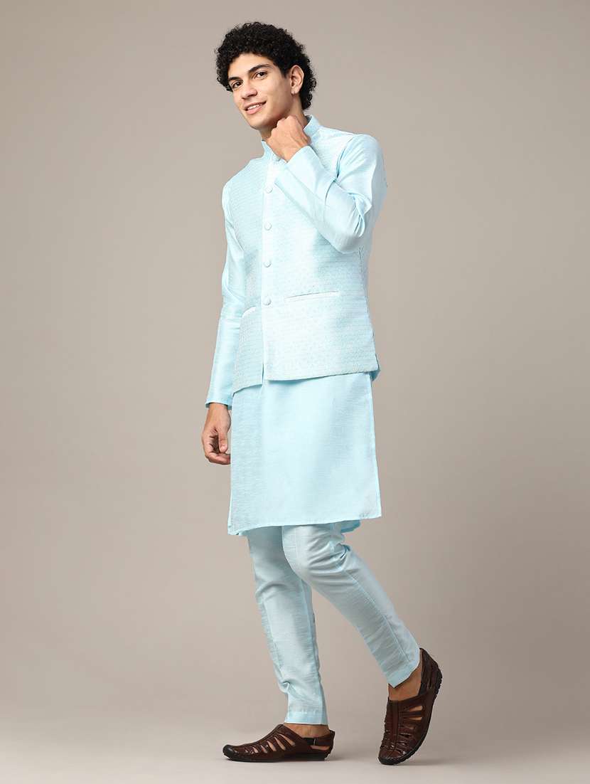 Blue Kurta Pyjama With Jacket Ethnic Wear Set - 22177218 -  Standard Image - 3