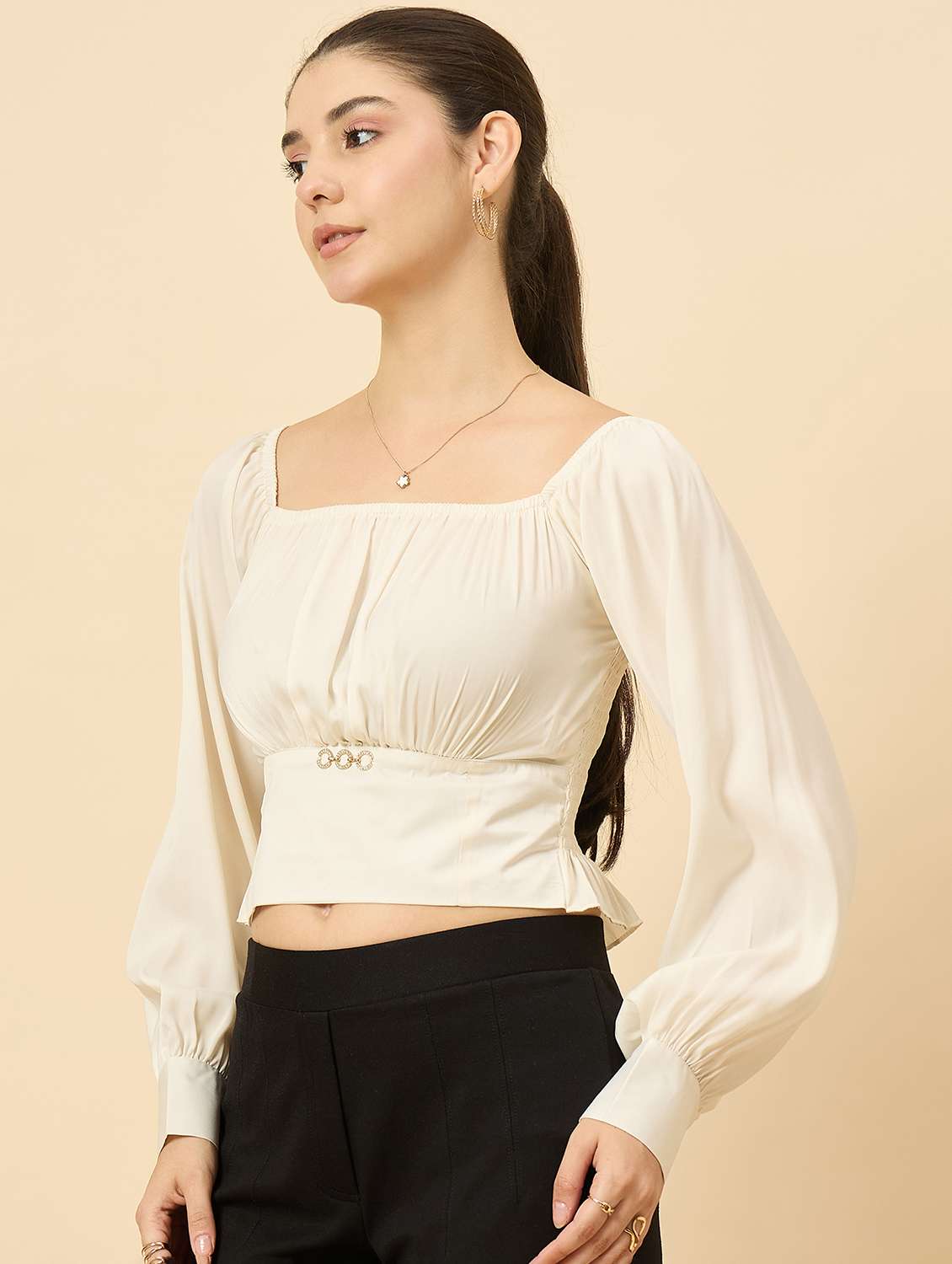 women solid puff sleeve crop top - 22177791 -  Standard Image - 3