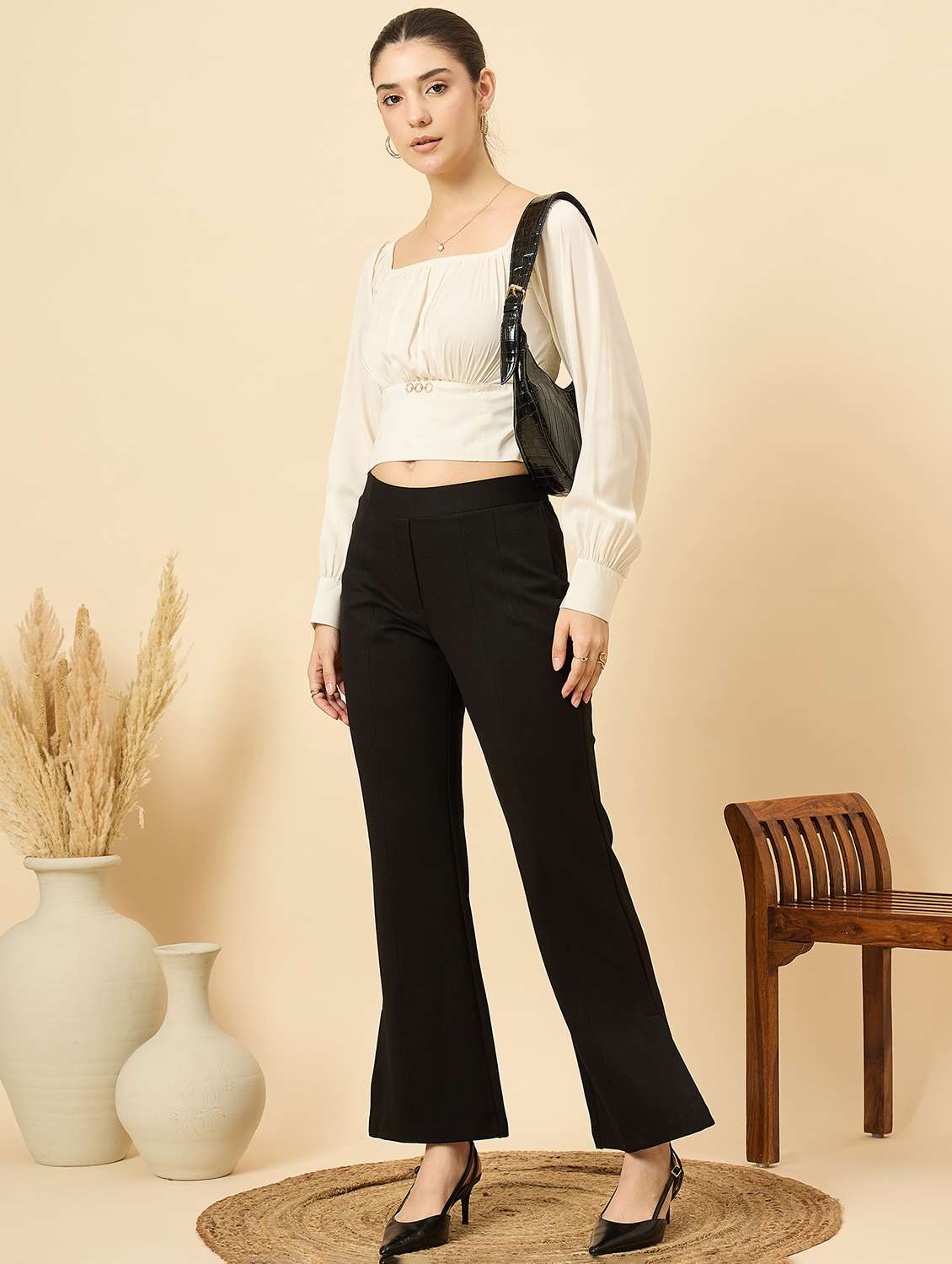 women solid puff sleeve crop top - 22177791 -  Standard Image - 5